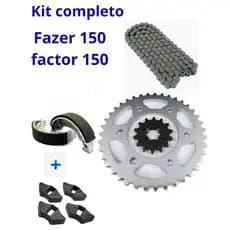 Kit Completo Relação Transmissão Fazer 150 Factor 150 2015 a 2025 + Coxim Coroa + Patins (Lona) Freio
