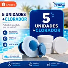 Kit 5 Pastilhas de Cloro 200g + Clorador Flutuante | Tratamento Completo para Piscinas
