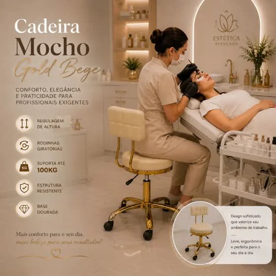 Cadeira Mocho Gold Dourado Bege Estética Tatuador Podóloga Clinica Dentista Salão Escritório Penteadeira