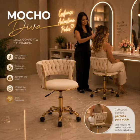 Cadeira Mocho Gold dourada Veludo Branco Base Tattoo Clinica Estetica Dentista Podóloga Odontológico Maca Escritório
