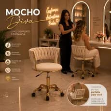 Cadeira Mocho Gold dourada Veludo Branco Base Tattoo Clinica Estetica Dentista Podóloga Odontológico Maca Escritório