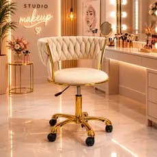 Cadeira Mocho Gold Veludo Branco Base dourada Tattoo Clinica Estética Dentista Podóloga Odontológico Maca Escritório