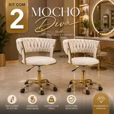 Kit 1 ou 2 Cadeiras penteadeiras Mocho Diva Dourada Branco Off White Luxo Premium Giratória Salão Beleza