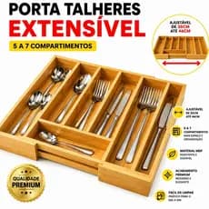 Porta Talheres Gaveta Bambu 7 Divisórias Extensível Ajustável Organizador Talheres Madeira