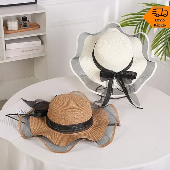 Chapéu Paris Feminino Aba Larga Ajustável com Laço Elegante para Praia Piscina Verão UV