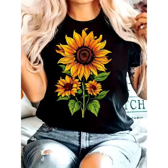 Camiseta feminino com estampado vibrante de girassol, gola redonda, manga curta, tecido, top confortável para o ve