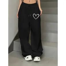 Calça de Moletom Feminina pantalona Estampado de Corações - Calças de Cintura com Cordão, Calças de Perna Larga