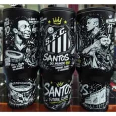 Copo Térmico 1,2L Santos Futebol Clube 1200ml com Tampa Canudo Alça Preto Presente Torcedor Santista