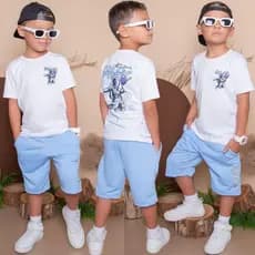 Conjunto Infantil Menino Lançamento Camisa Malha 30.1 e Bermuda Moletinho  Veste 2 ao 14 anos