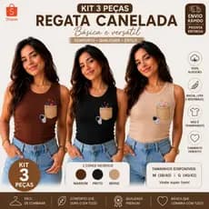 Kit 3 Regatas Femininas Caneladas Premium | Astronauta | Cores Marrom, Preto e Bege
