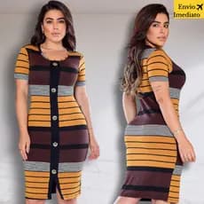 Vestido Midi Feminino Elegante Confortável Detalhe Botão