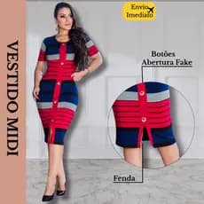Vestido Feminino Midi Moda Jovem Cristã Botão Malha Premium