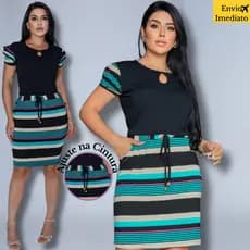 Vestido Feminino Malha Listrado Cristã Mangas Escamada Premium