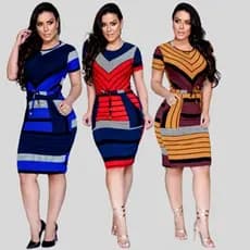 Vestido Ajuste na Cintura Feminino Casual Bolso Listrado Malha Premium