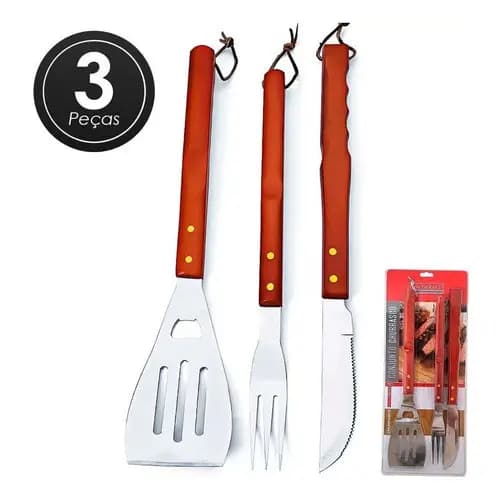 Kit Churrasco 3pçs Faca Garfo Espátula Aço Inox Cabo Madeira