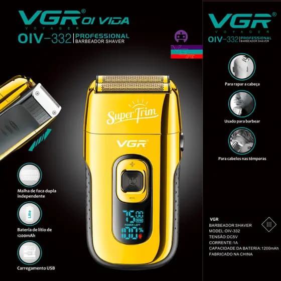 Cortador De Cabelo Profissional Vgr Oiv-332 Bivolt Dourado Display LCD Barba Cabelo Barbeiro Sem Fio