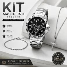 Kit Masculino Completo Relógio + Corrente Crucifixo + Pulseira Acessórios Masculinos