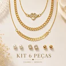 Kit Feminino 6 Peças Luxo Colares e Brincos Dourados Elegante Premium