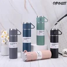 Kit Garrafa com Canecas Térmica Vacuum Bottle Inox 500ml Bebidas Quente e Frias