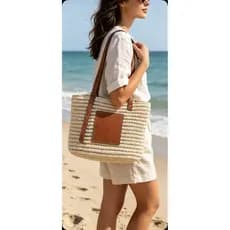 Bolsa Feminina Palha Tecida Alça Couro Sintético Ombro Cesta