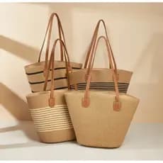 Bolsa Feminina De Praia Ombro Grande Sacola Palha Alça Couro