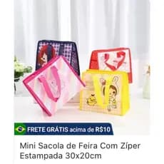 Mini Sacola de Feira Com Zíper Estampada 30x20cm