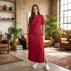 Vestido Midi de Algodão Longo com Fenda Lateral Elegante e Confortável Look Casual Chic