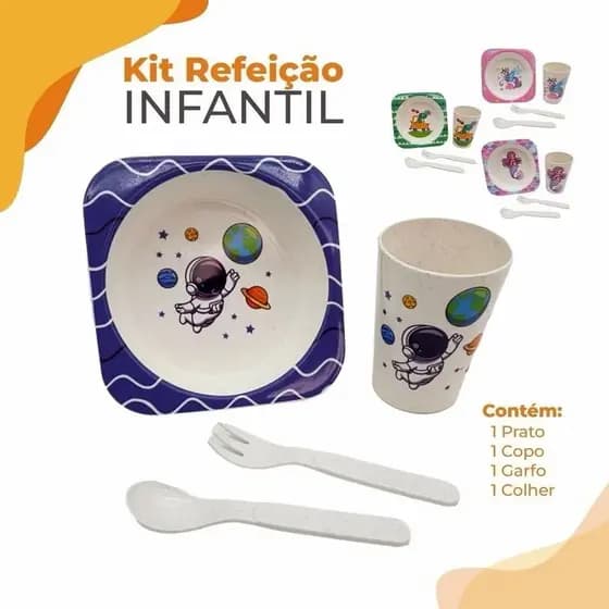 Kit 4 Conjunto Refeição Para Infantil 4 Peças Colher + Garfo + Tigela + Copo