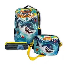 Kit Mochila Infantil Escolar com 3 peças Tubarão Amarela