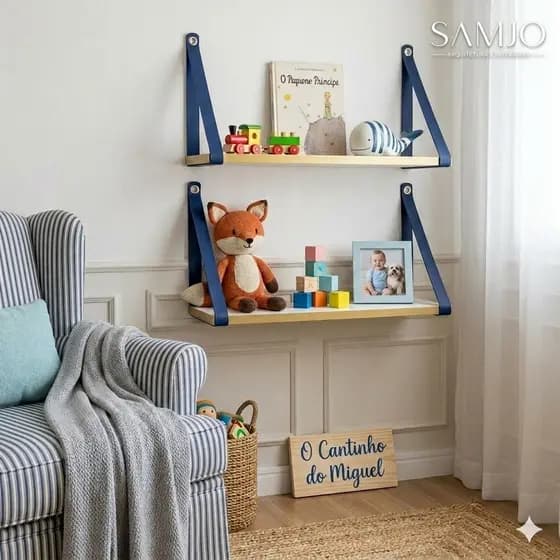 Prateleira 45 x 15 – Kit 2 Unidades, Alça Couro Ecológico Azul, Decoração, Quarto Bebê. Envio Rápido