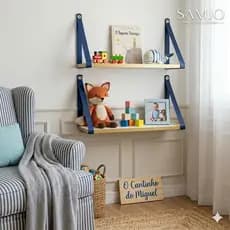 Prateleira 45 x 15 – Kit 2 Unidades, Alça Couro Ecológico Azul, Decoração, Quarto Bebê. Envio Rápido