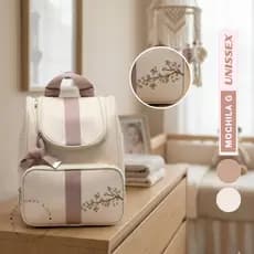 Mochila Maternidade G - Nude/Rose Luxo Bordada Térmica Impermeável