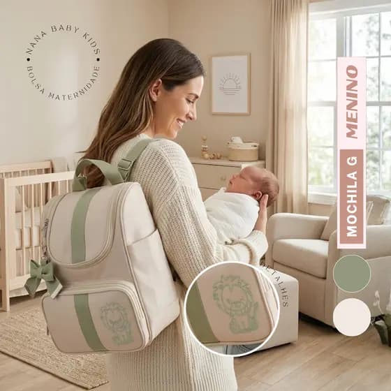 Mochila Maternidade Verde Luxo Reforçada Bordada - Não Descasca e Térmica