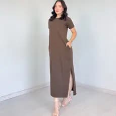 Vestido Longo Algodão Com Bolso e Fenda 100% Algodão