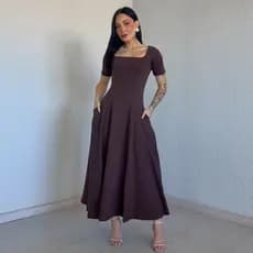 Vestido Rodado Manga 100% Algodão Premium Com Bolso