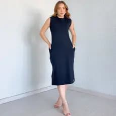 Vestido Cavado Midi Confort Com Bolso 100% Algodão