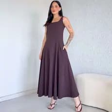 Vestido Longo Rodado 100% Algodão Premium Com Bolso E fenda Cavado ou Manga