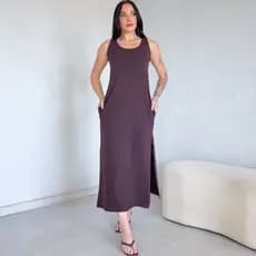 Vestido Longo Cavado Regata Moda Verão Com Bolso e Fenda Algodão
