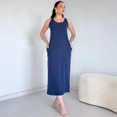 Vestido Longo Regata Cavado 100% Algodão Premium Moda Verão Bolso e Fenda