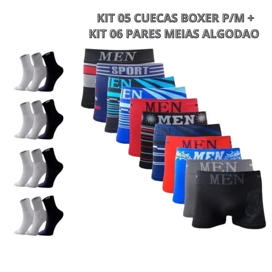 Kit 5 Cuecas Boxer Microfibra Adulto + 6 Pares Meias Algodão