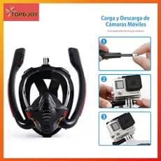 Máscara de Mergulho de Silicone de Tubo Duplo Full Face com Suporte para GoPro (Preto) - Máscara Respiratória de Natação