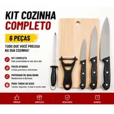 Kit Cozinha Completo 6 Peças Facas + Tábua + Afiador + Descascador