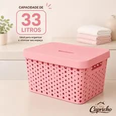 Cesto Organizador Grande com Tampa e Alça 33 Litros 47cmx35cmx24cm Caixa Resistente Multiuso