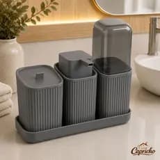 Kit 3 Acessórios Banheiro com Bandeja Dispenser Sabonete Líquido, Porta Algodão e Porta Escovas - Usual