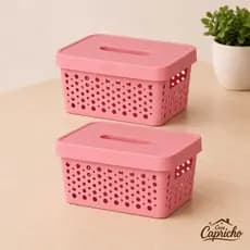 Kit 2 Caixas Cestos Organizadores com Tampa 2 Litros Rosa 16cmx14cmx9,5cm Rattan Multiuso