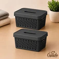Kit 2 Cestas Organizadoras com Tampa 2 Litros  Cesto Organizador Caixa Multiuso - Cinza Escuro