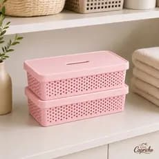 Kit 2 Caixa Organizadora com Tampa Rattan Rosa 3,6 Litros 33,5cmx16cmx10cm - Multiuso