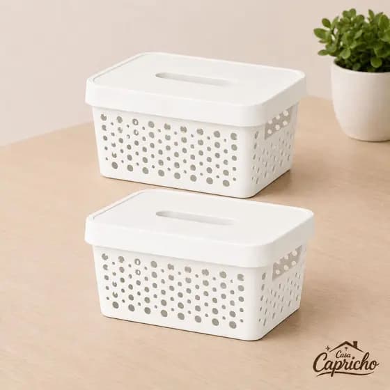 Kit 2 Caixas Cestos Organizadora com Tampa 2 Litros Branco 16cmx14cmx9,5cm Rattan Multiuso