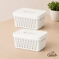 Kit 2 Caixas Cestos Organizadora com Tampa 2 Litros Branco 16cmx14cmx9,5cm Rattan Multiuso