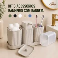 Kit 3 Acessórios Banheiro com Bandeja Dispenser Sabonete Líquido, Porta Algodão e Porta Escovas
